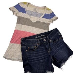 American Eagle Denim Shorts  Women's Size 4 Dark Blue & SS Stipe T-Shirt Size XS